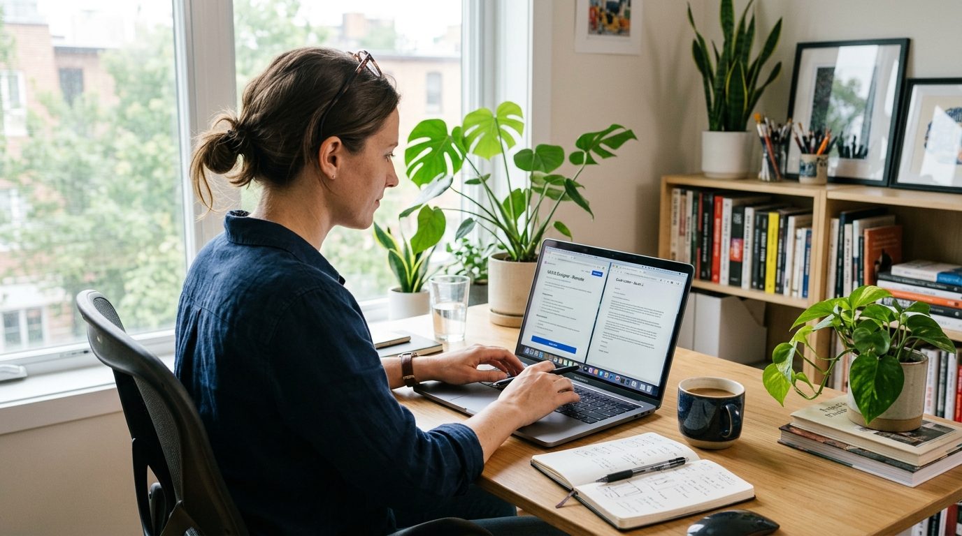 Freelance designer using a laptop to generate a tailored AI application pack for a gig